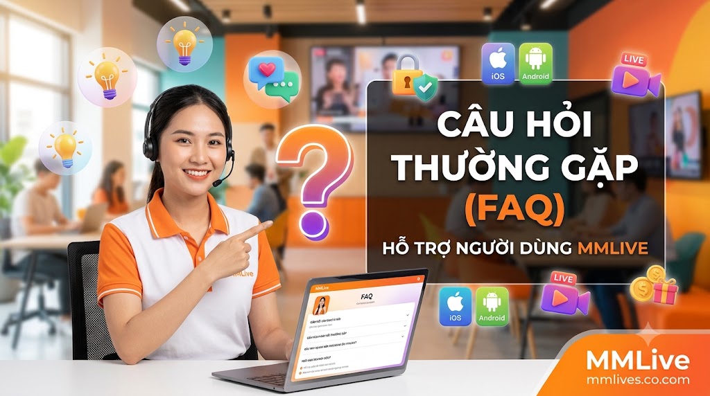 Hình ảnh nhân viên chăm sóc khách hàng MMLive mỉm cười hỗ trợ giải đáp các câu hỏi thường gặp (FAQ). Giao diện trực quan nổi bật các biểu tượng hệ điều hành iOS, Android, bảo mật tài khoản, cùng dòng chữ "Câu Hỏi Thường Gặp (FAQ) - Hỗ trợ người dùng MMLive" và tên miền artsmentoring.co.