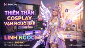 Banner hồ sơ Idol Cosplay MMLive Linh Ngọc, ID phòng 889900. Hình ảnh nữ streamer hóa trang thành nữ chiến binh thiên thần anime vô cùng xinh đẹp và lộng lẫy trong không gian phòng live, kèm dòng chữ 'Thiên thần Cosplay vạn người mê' và tên miền artsmentoring.co.