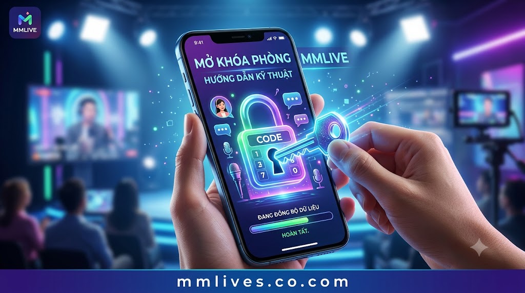 Giao diện minh họa thao tác kỹ thuật mở khóa phòng livestream trên ứng dụng MMLive bảo mật an toàn.