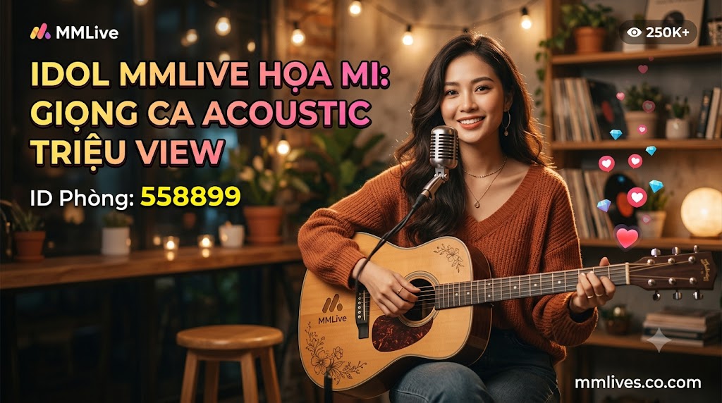 Banner hồ sơ Idol cover nhạc MMLive Họa Mi, ID phòng 558899. Hình ảnh nữ streamer xinh đẹp đang ôm đàn guitar acoustic mỉm cười trước micro trong không gian ấm cúng, kèm dòng chữ 'Giọng ca acoustic triệu view' và tên miền artsmentoring.co.