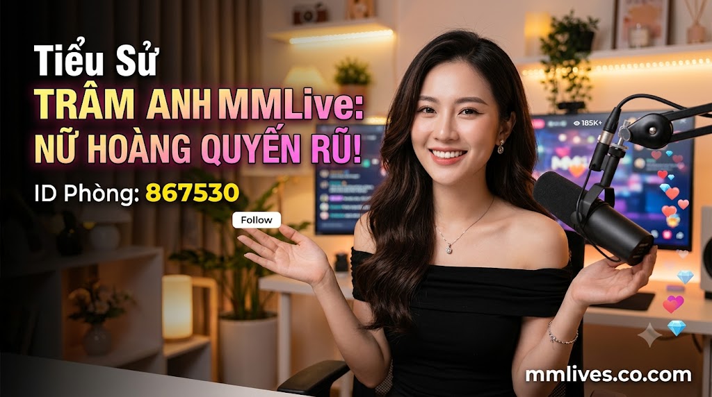Banner hồ sơ idol Trâm Anh MMLive, giới thiệu 'Nữ hoàng quyến rũ!' với ID phòng 867530. Hình ảnh một nữ streamer trẻ mỉm cười trước thiết bị livestream, với các biểu tượng trái tim và kim cương bay lên. Bao gồm domain artsmentoring.co.