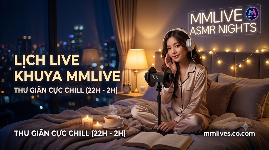 Nữ idol MMLive đang livestream ASMR trong không gian phòng ngủ ấm áp, đại diện cho lịch live khuya thư giãn cực chill từ 22h đến 2h.