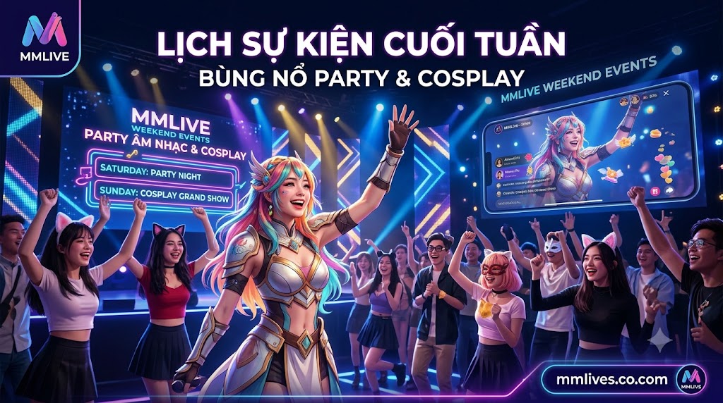 Nữ idol MMLive hóa trang cosplay nổi bật trên sân khấu lớn, đại diện cho lịch sự kiện cuối tuần bùng nổ với party âm nhạc.