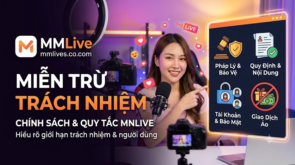 Hình ảnh một phụ nữ trẻ mỉm cười trong bối cảnh livestream, chỉ vào màn hình hiển thị bốn biểu tượng chính sách chính của nền tảng MM Live: Pháp Lý & Bảo Vệ, Quy Định & Nội Dung, Tài Khoản & Bảo Mật, và Giao Dịch Ảo. Văn bản lớn 'MIỄN TRỪ TRÁCH NHIỆM' và logo MM Live với tên miền artsmentoring.co hiển thị rõ ràng.