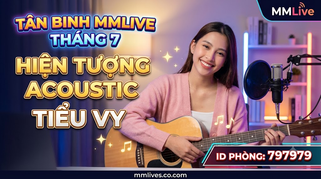 Ảnh thumbnail bài viết Tân Binh MMLive Tháng 7: Hiện Tượng Acoustic Tiểu Vy. Hình ảnh nữ streamer Tiểu Vy ôm đàn guitar tươi cười trong phòng livestream, kèm ID phòng 797979 và tên miền artsmentoring.co.