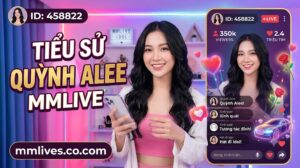 Hình ảnh giới thiệu tiểu sử Quỳnh Alee trên MMLive với ID 458822. Ảnh hiển thị Quỳnh Alee cười cầm điện thoại trong studio livestream đèn LED hồng tím. Văn bản lớn "TIỂU SỬ QUỲNH ALEE MMLIVE" và domain artsmentoring.co được hiển thị rõ, cùng giao diện livestream bên phải với 350k người xem và 2.4 triệu tim.