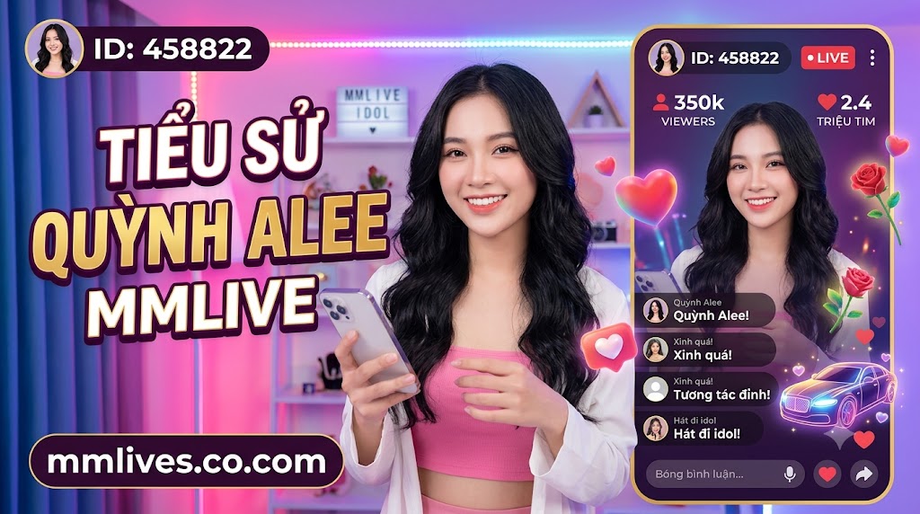 Hình ảnh giới thiệu tiểu sử Quỳnh Alee trên MMLive với ID 458822. Ảnh hiển thị Quỳnh Alee cười cầm điện thoại trong studio livestream đèn LED hồng tím. Văn bản lớn "TIỂU SỬ QUỲNH ALEE MMLIVE" và domain artsmentoring.co được hiển thị rõ, cùng giao diện livestream bên phải với 350k người xem và 2.4 triệu tim.