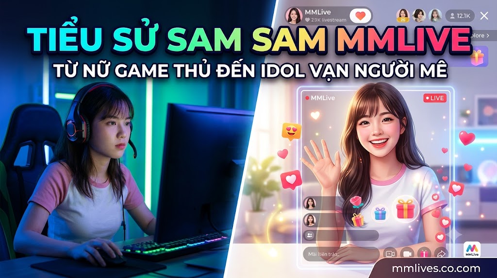 Nữ gamer MMLive Sam Sam chơi game trong phòng có đèn LED dải, bao gồm lớp phủ giao diện hồ sơ trang web và watermark 'artsmentoring.co'.